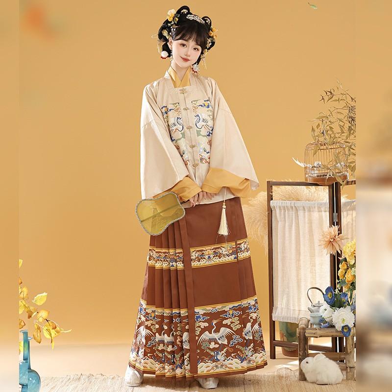 Traditional Chinese Ming Dynasty Style Hanfu Set: Floral Jacquard Square Collar Short Sleeve Jacket Horse Face Skirt Women
