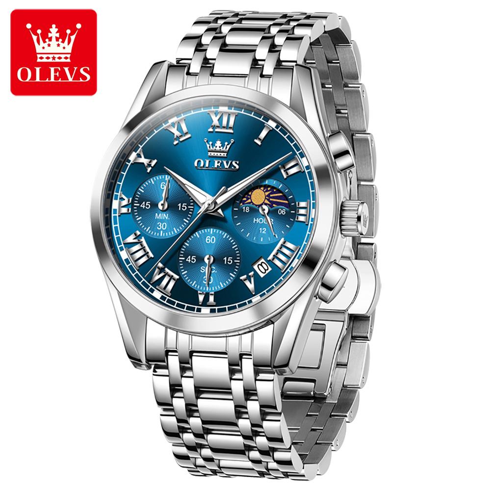 100% Original OLEVS 2871 Men's Watches New Stainless Steel Strap Moon Phase Chronograph Waterproof Luminous Quartz Wristwatches