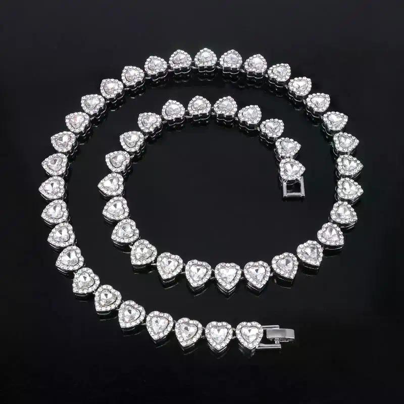 45CM New Hip Hop Tennis Chain Bracelet Necklace Shiny Heart Rhinestone CZ Fashion Rock Party Jewelry