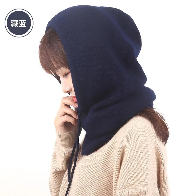 Women Winter Hat Female Knitted Hooded Scarf for Women Windproof Warm Windproof Wool Cap