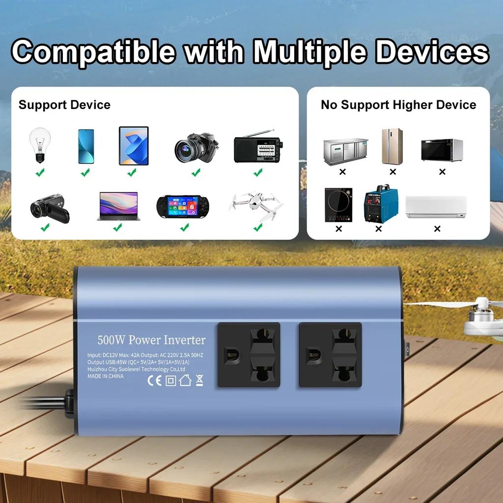 400W/500W/1500W Car inverter DC 12V to AC 220V converter, 3USB 2.0 and 1USB QC3.0 European standard socket