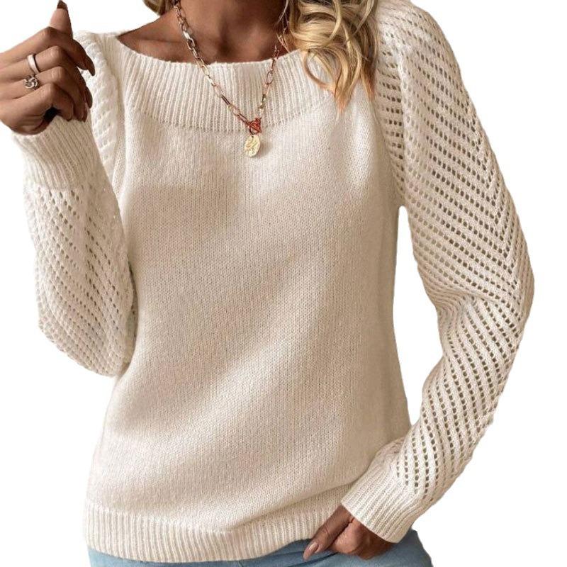 European and American sweaters women's autumn and winter new Amazon cross-border solid color hollow long-sleeved one-word shoulder pullover knitted