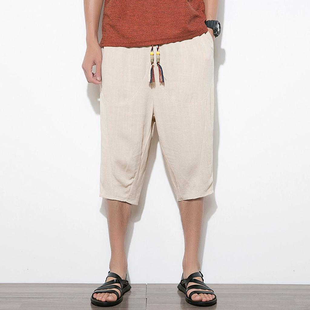 Men's Casual Solid Color Cotton Linen Lightweight Comfortable Casual Shorts Cropped Pants