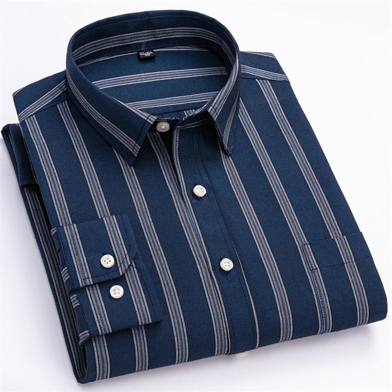 Men's Social Shirts Long Sleeve 100%Pure Cotton Oxford Buttoned Plaid Formal Male Casual Clothes Oversized Shirt 6XL 7XL