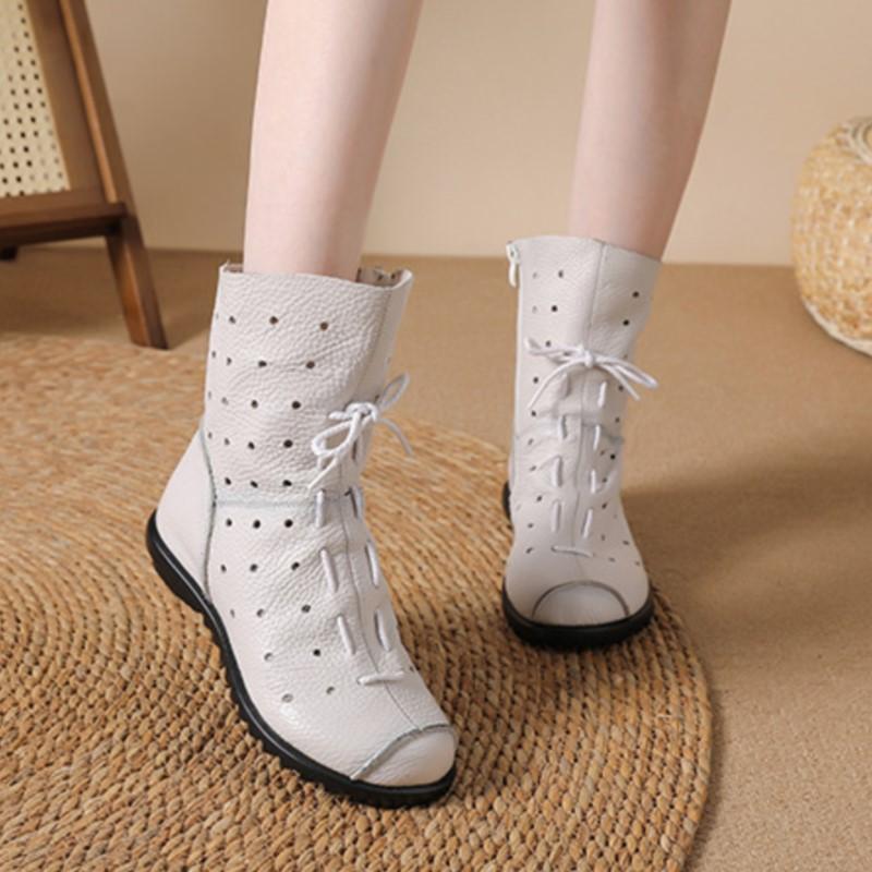 Johnature Hollow-out Breathable Mid-calf Summer Boots Comfortable Soft Soled Genuine Leather Women's Shoes