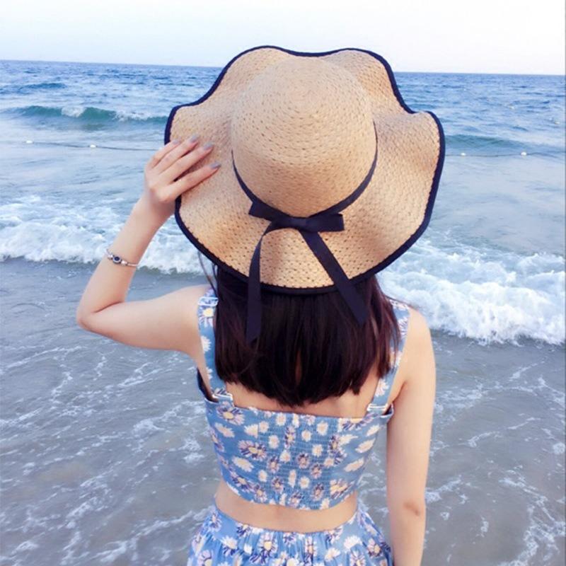 Black hemmed straw hat women's beach hat large brim summer sun hat travel sun hat
