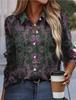 Funny Ladies Clothing Casual Long Sleeve Shirt V Neck Loose Spring and Autumn Green Chain Print Loose Plus Size Womens Shirt