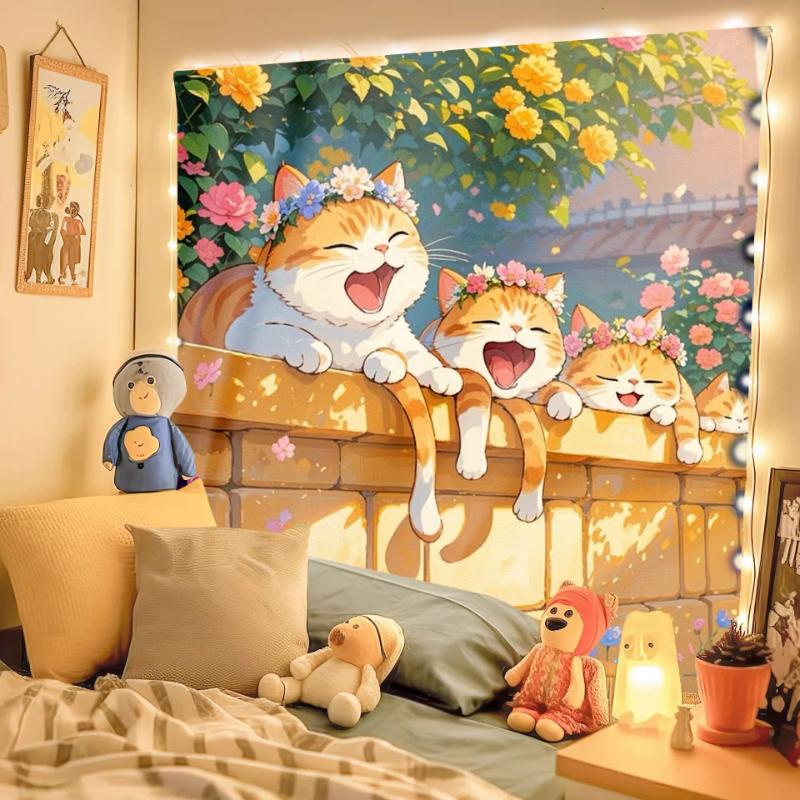 Cute Floral Cat Print Tapestry Kawaii Cartoon Wall Hanging for Bedroom Living Room Home Background Decor 100X70CM