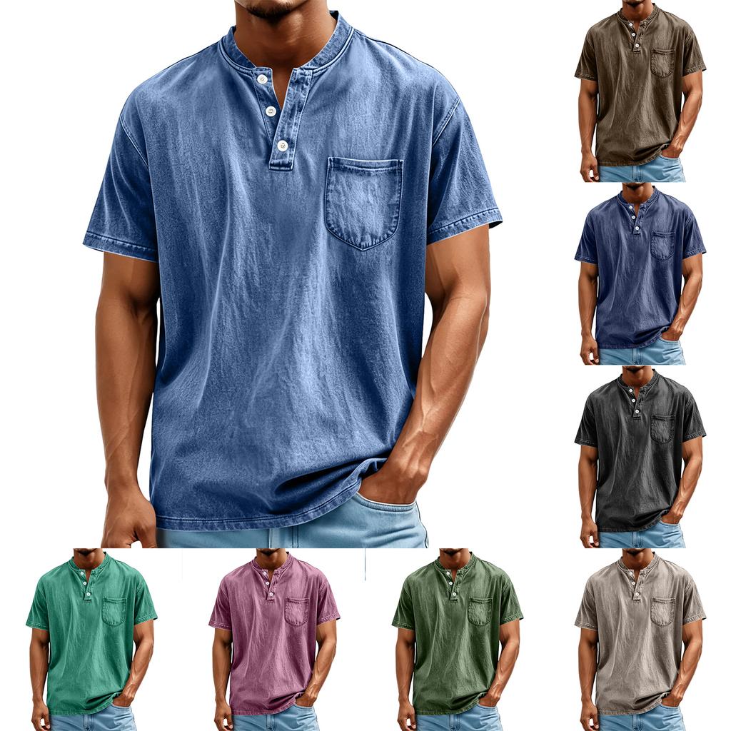 Men's Casual Short Sleeve Henley Shirt Lightweight Breathable Button Front Pocket Tee Top
