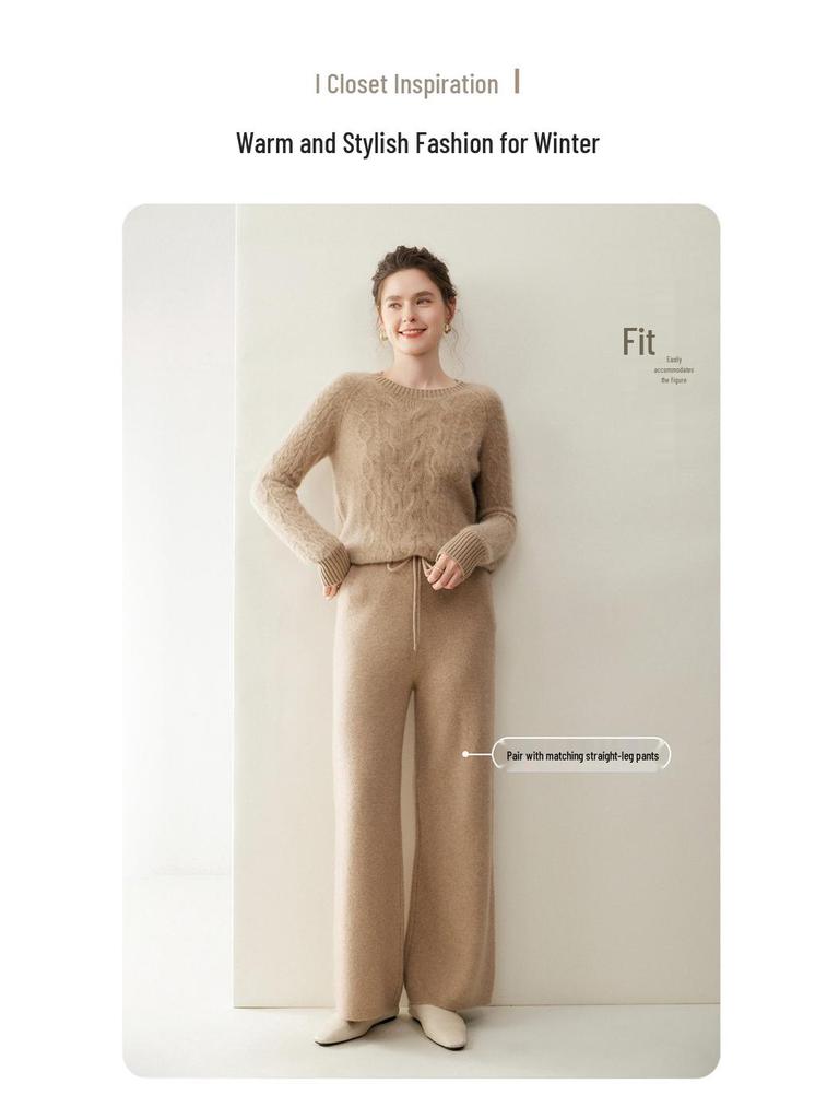 Women's 5-Needle Cable Knit Cashmere Sweater - Thickened 3-Ply, Round Neck, Long-Sleeve Pullover with Velvet Center & Wool.