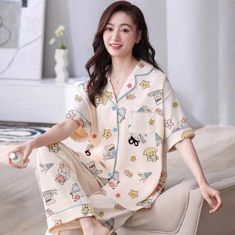 Summer Pajamas Female Cute Cartoon Short-Sleeved Trousers Casual Comfortable Cardigan Loungewear Suit Can Be Worn Outside