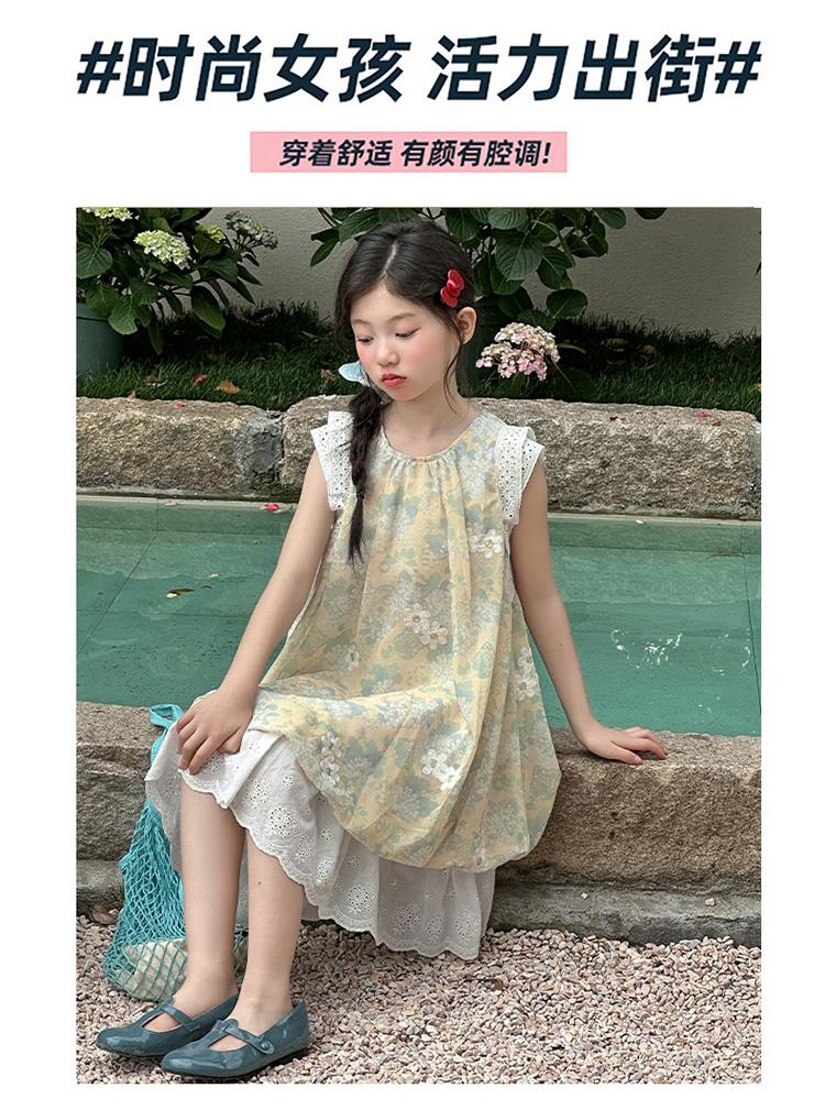 Girls' 2026 new sweet and cute sleeveless floral dress, summer lace patchwork mesh skirt, stylish long skirt