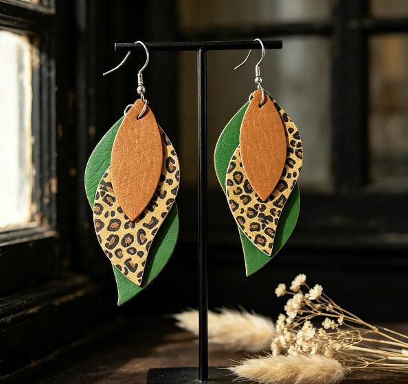 Cross-border Retro Green & Brown Leopard Print Layered Leather Leaf Earrings