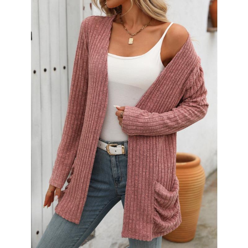 Outono e inverno feminino malhas cor sólida pit listra escovado bolso cardigan manga longa jaqueta