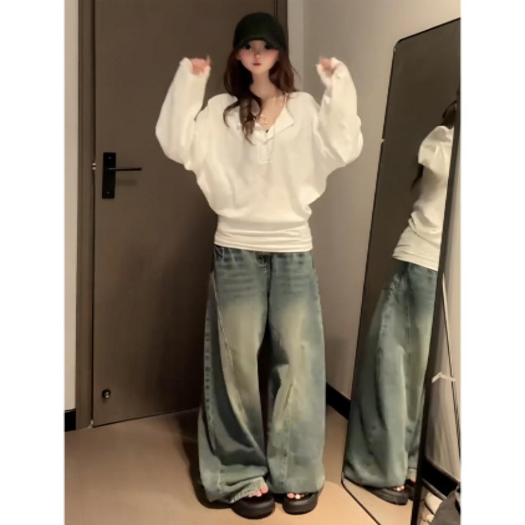 

Топ большого размера с V-образным вырезом и рукавами «летучая мышь», свободного кроя для женщин - Нишевый дизайн, футболка для похудения для весны и осени 3XL (suggested 150-185 jin) белый