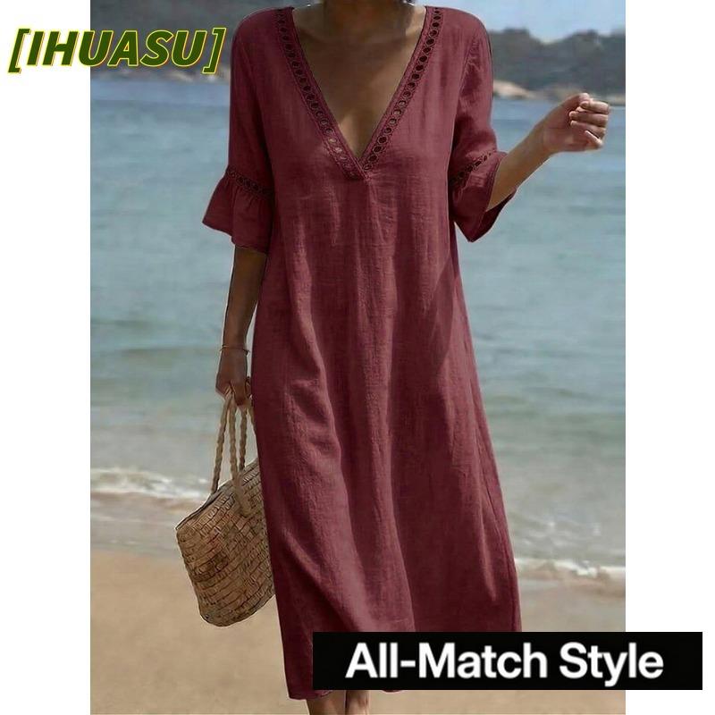 IHUASU Fashion Summer Spring Short Sleeve V-Neck Casual Dresses