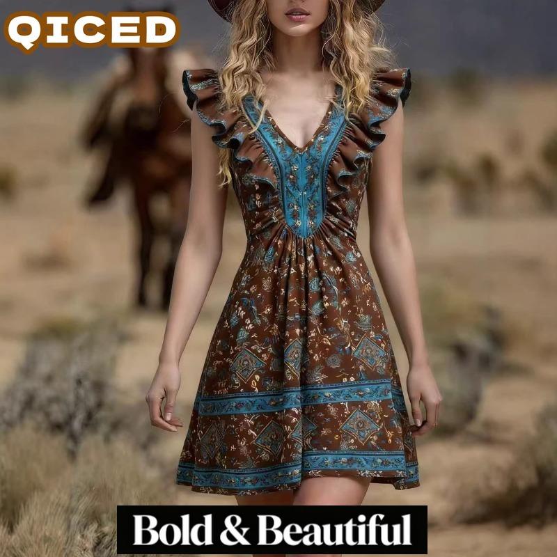 QICED Fashion Summer Spring V-Neck Sleeveless Casual Dresses