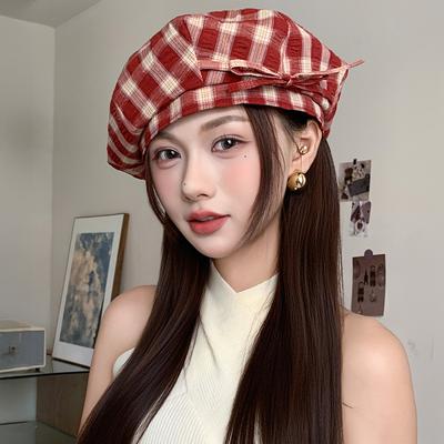 Early Autumn Thin Japanese Retro Plaid Octagonal Hat Fashion Beret Children Breathable Face Small Literary Newsboy Hat
