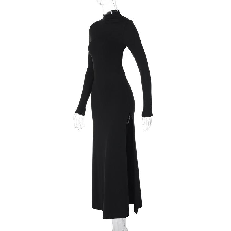 Elegant Slim Fit Long Sleeve Sexy Backless Dress Women Summer Slit Casual High Waist Black Long Dresses Women Fashion Stand Collar Party Dress 26443