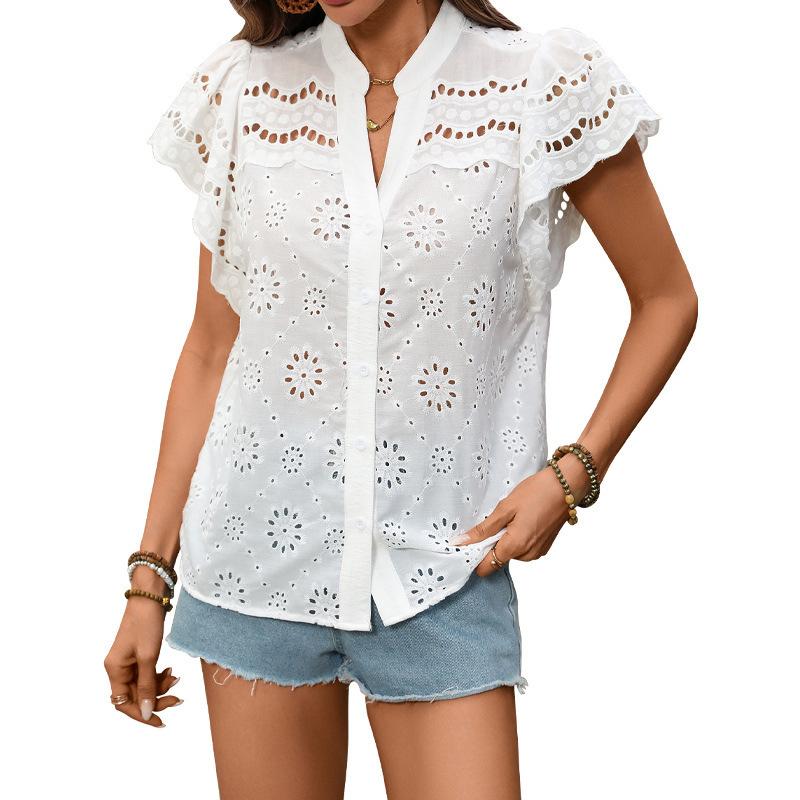 Women White Loose Hollow Out V Neck Short Sleeve Casual Shirt