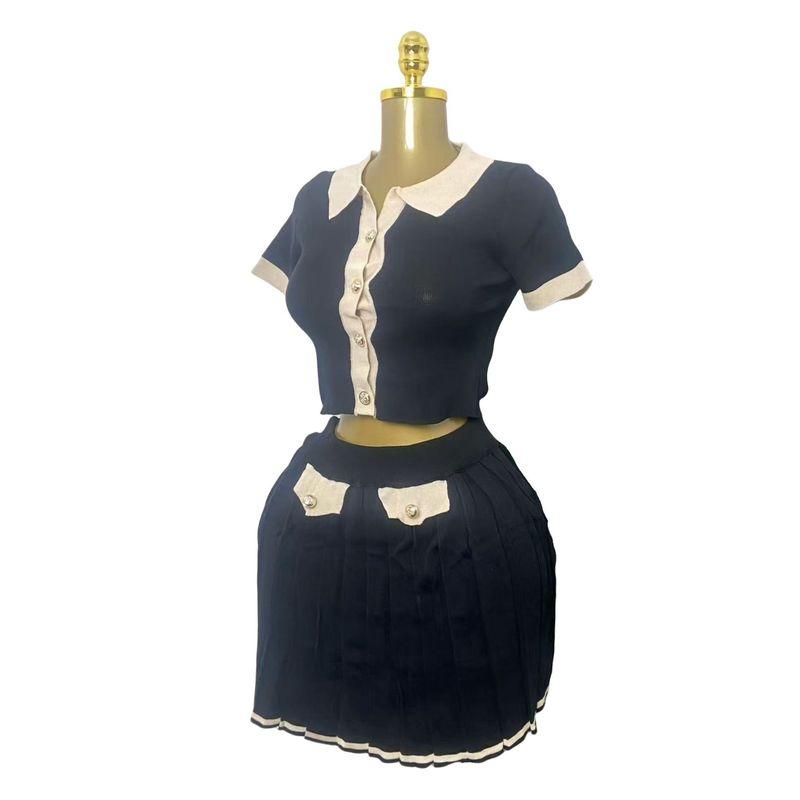 

Западный стиль Новая мода Повседневный Приталенный Топ с коротким рукавом Комплект короткого платья Мини-комплект из топа и юбки Black One size