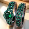 Female Green Zircon Round Stone Engagement Ring Set Vintage Black Gold Color Bridal Wedding Bands Party  For Women