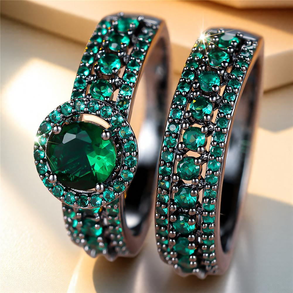 Female Green Zircon Round Stone Engagement Ring Set Vintage Black Gold Color Bridal Wedding Bands Party For Women
