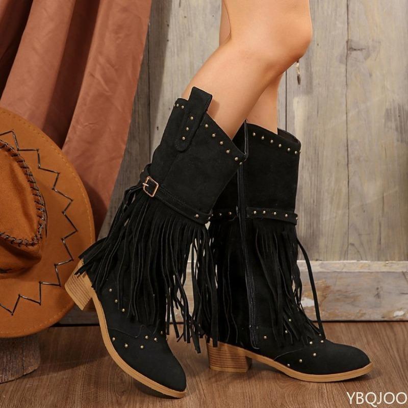 Winter Retro minimalist Women Fringes Thick Heel High Boots Pointed Toe Outdoor Fashionable versatile Platform Shoes Women Shoes