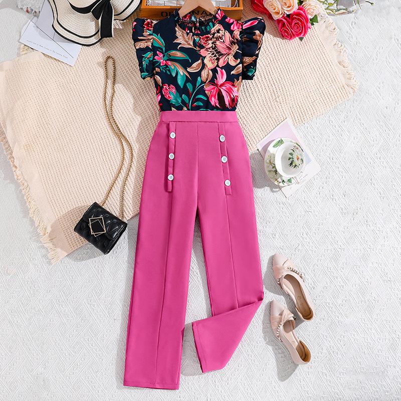 

Комплект для девочек с коротким рукавом и брюками, летний детский принт на возраст 7-12 лет, топ + брюки, детская одежда 160cm/11-12Y темно-синий