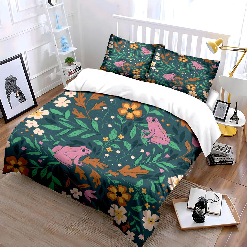 Pink Frogs and Floral Pattern Bedding Duvet Cover Set (1*Duvet Cover 2*Pillowcases, without duvet insert)