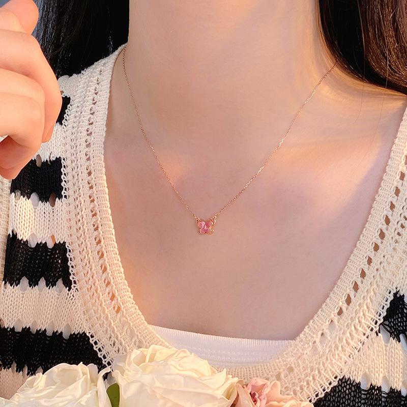 Sweet Pink Butterfly Dropping Gel Necklace for Women's New INS Princess Style Collar Chain Necklace Ornament