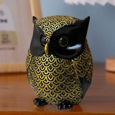 Modern Classy Lucky Owl Resin Art Figure Showpiece (Pack of 1, Black and Golden)