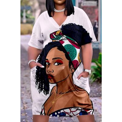 Bohemian Sexy V-neck Women Indian 3D Printed African Girl Pocket Dress Short Sleeve Dress Knee-length MIDI Party Dress
