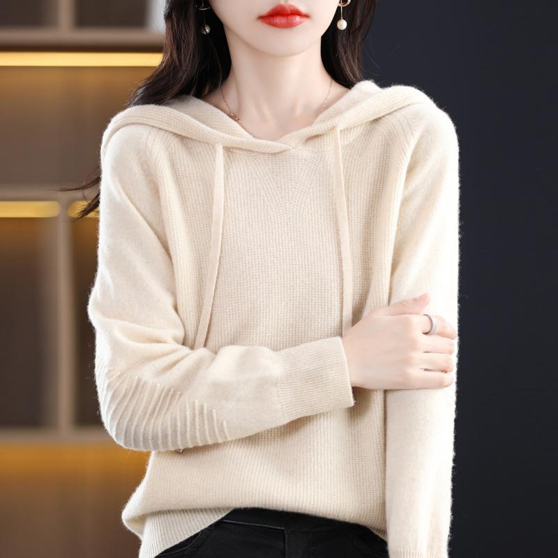 INDFS Женская мода повседневная осень-зима однотонный принт длинный рукав с капюшоном свитера M бежевый