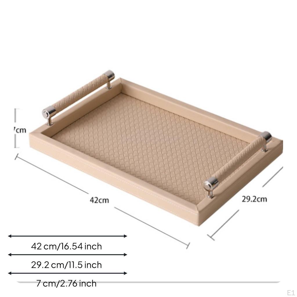 Rectangular Decorative Tray with Handles Raised Sides Woven Serving PU Leather Light Milk