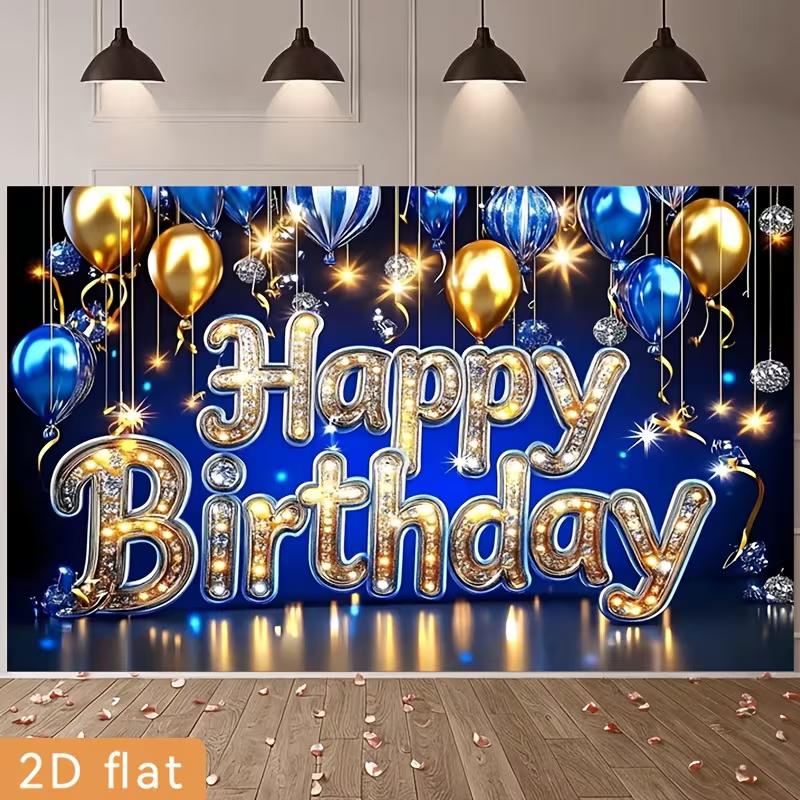 2D Blue Gold Happy Birthday Backdrop, Glitter Balloon Photography Background for Party