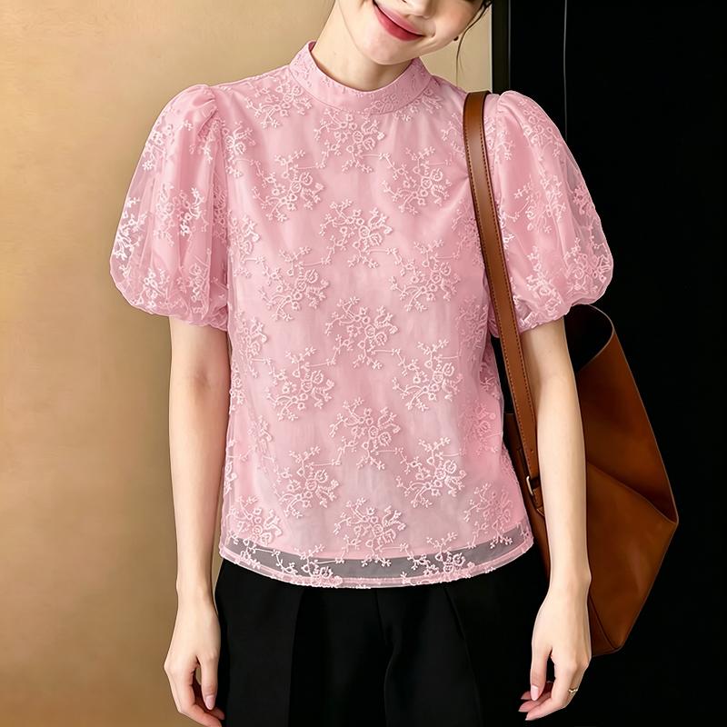 ZANZEA Women Stand Collar Loose Casual Lace Patchwork Short Sleeve Blouse