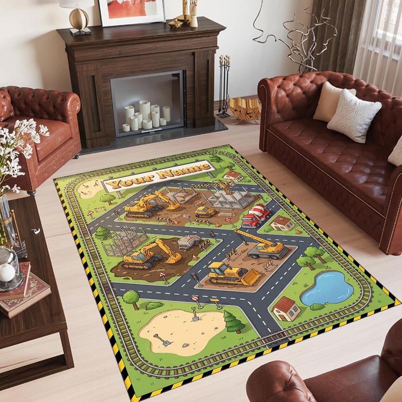 Construction Vehicles Theme Crystal Velvet Rug Personalized Custom Name Text Soft Floor Mat Home Decor