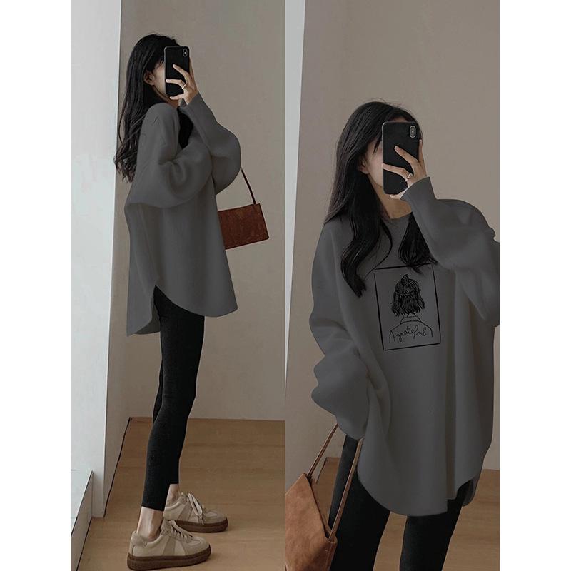 Women's Round Neck Long Sleeve Printed Oversized Korean Style Tunic Top Mid Length Casual Tee for Leggings Matching Outfits