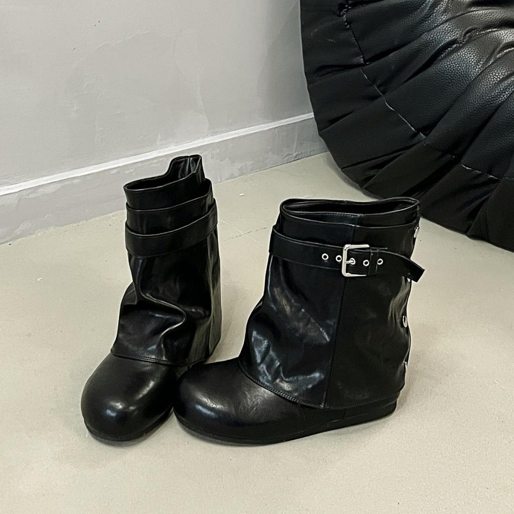 Design belt buckle solid color knight boots women's autumn and winter new one-pedal round head medium tube trend short boots