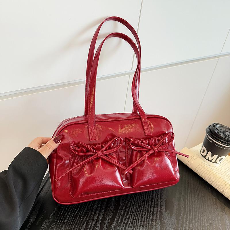 Fashion Faux Leather Shoulder Bag with Cute Cloud Charm Handbag, Bow Accent Multi Pocket Design, Casual Underarm Purse for Daily
