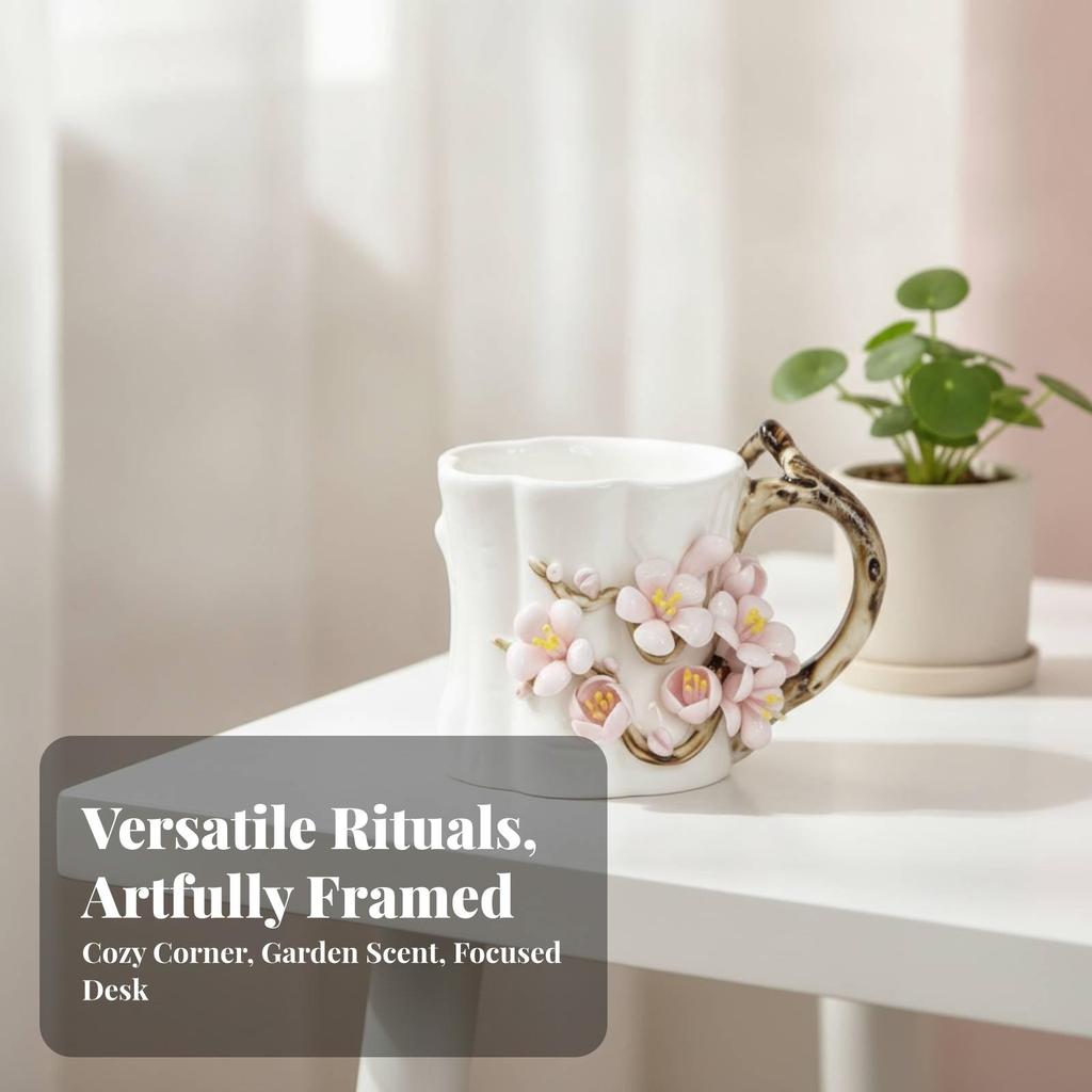 Ceramic Mug with Branch Handle Sculptural Floral Decoration Comfortable