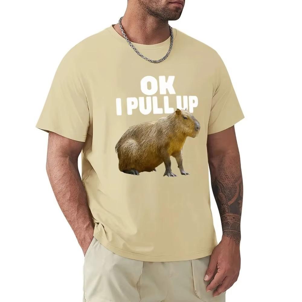 Ok I Pull Up Capybara Graphic Print T-shirt Men's Fashion Casual Loose T-shirts Pure Cotton Gothic T Shirt Vintage Streetwear