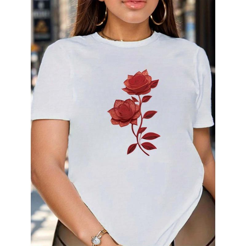 European Size Rose Print Women's Round Neck Short Sleeved T-shirt | Spring/ Summer Casual Version Breathable Outdoor Festival Atmosphere Daily Gift