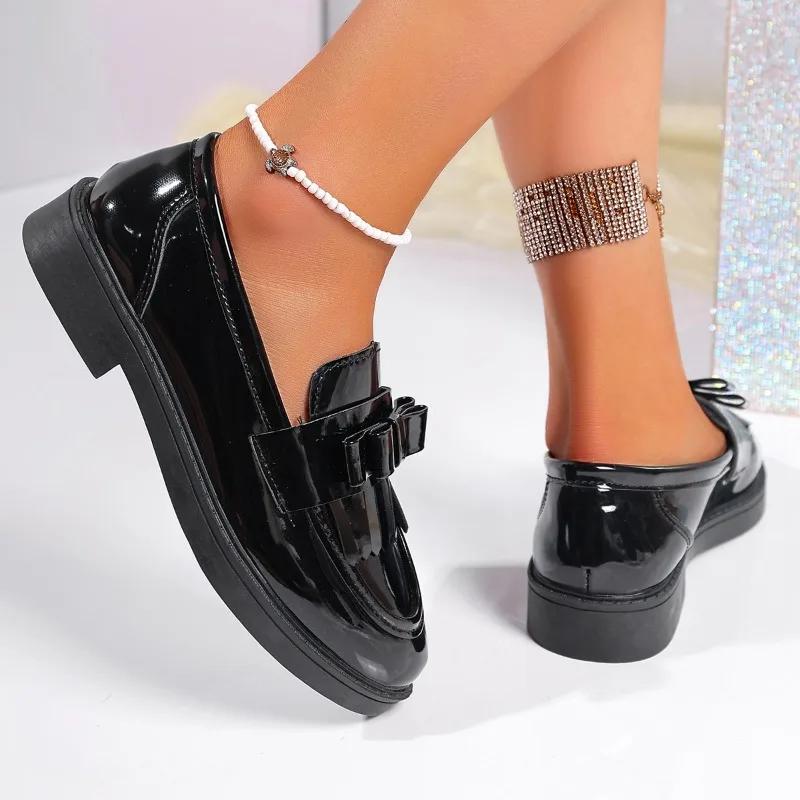 Fashion 2025 Classics Loafers Women's High Heels Round Toe Low Heel Outdoor Daily & Office Pumps Women Bow Tie Slip on Plus Size Shoes