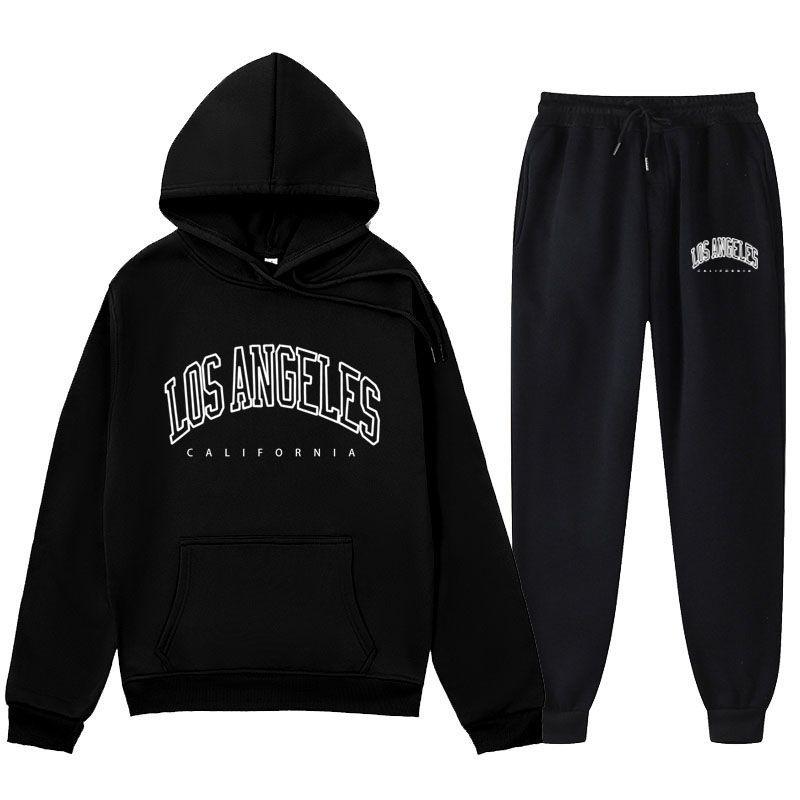 LOS Los Angeles Letter Printed Same Color And Pants Set For Men's Autumn/Winter With Velvet Hoodie