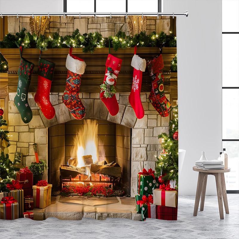 Christmas Shower Curtains Cute Snowman Santa Claus Xmas Tree Winter Town Street Landscape Bath Curtain Home Bathroom Decor Set