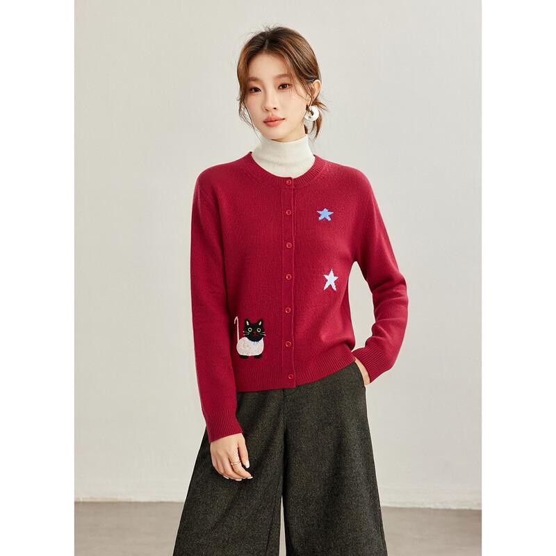 Shexi Women's 100% Cashmere Cartoon Embroidered Cardigan