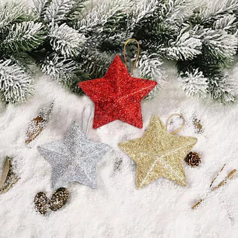 6/24pcs Christmas Glitter Star 5cm Pentagram Christmas Hanging Pendant For Birthday Wedding Festive Christmas Party Decoration