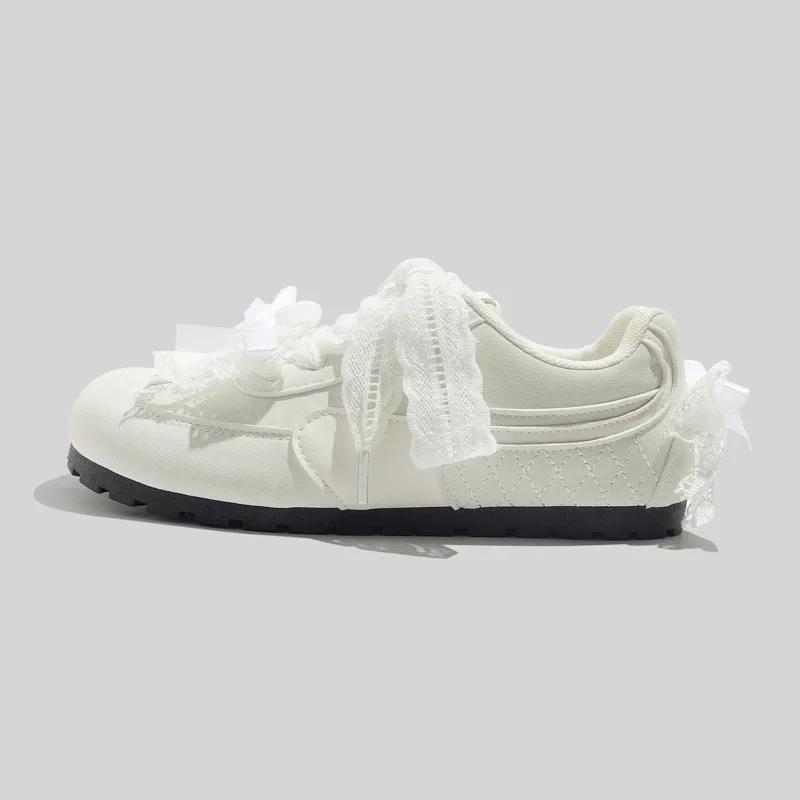 Elegant Lace Butterfly Knot Milk White Flat Bottom Women's Shoes Spring New Style Versatile T-strap Flats Casual Shoes